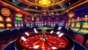 Daga-themed casino scene showcasing a roulette wheel, poker table, and vibrant slot machines.