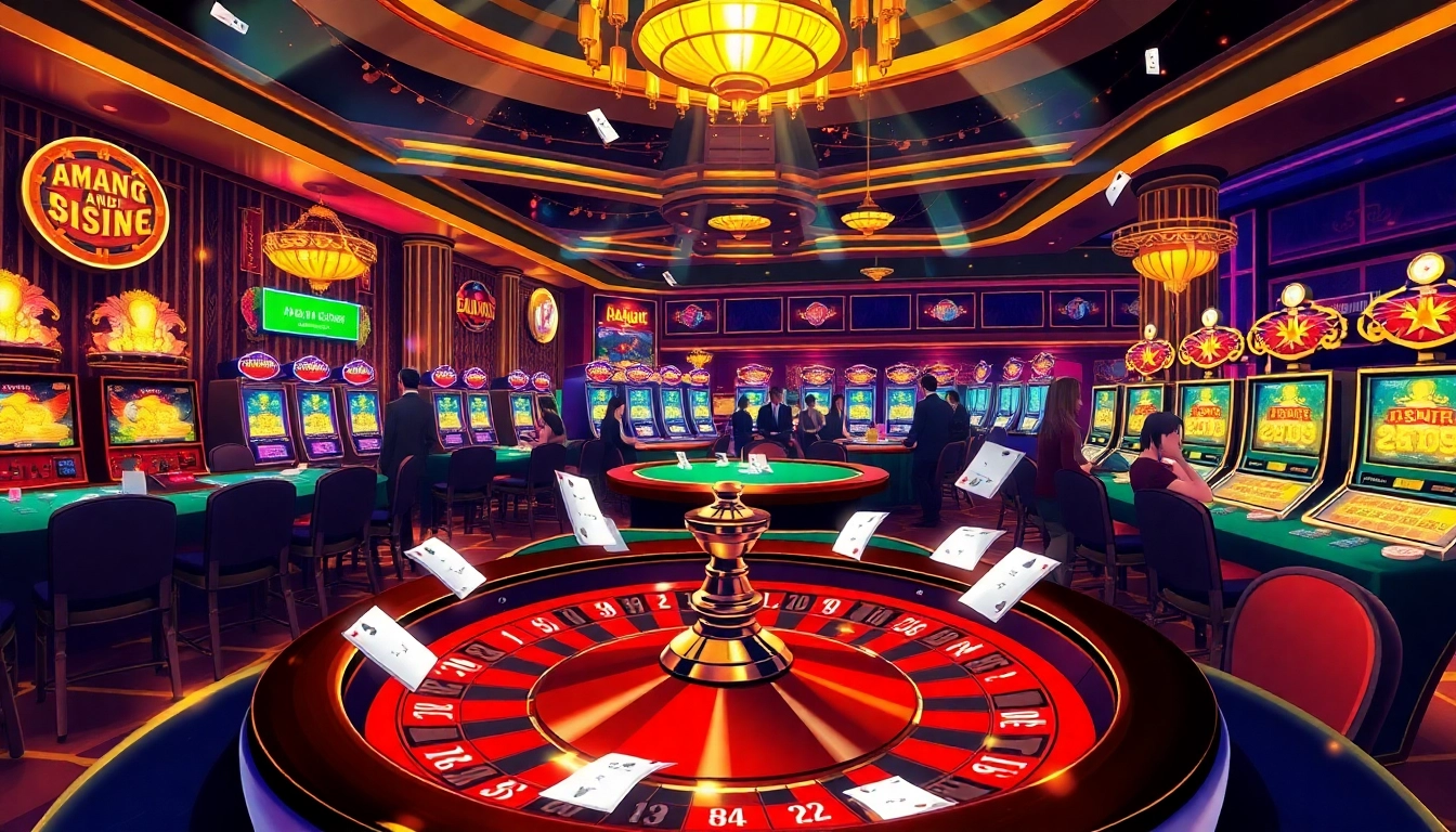 Daga-themed casino scene showcasing a roulette wheel, poker table, and vibrant slot machines.