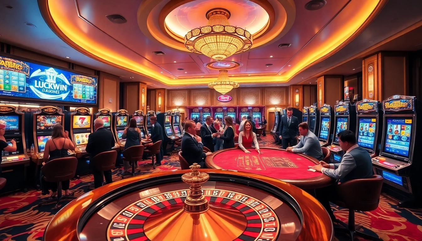 Experience thrilling gameplay at Luckywin, featuring vibrant casino tables and slot machines.