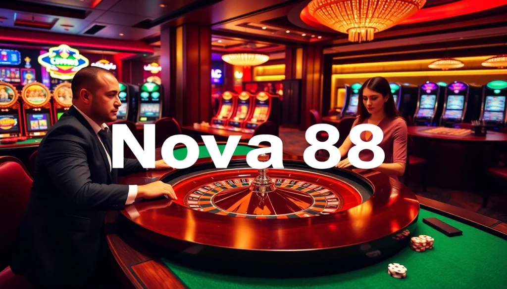 Excited players engaging in strategic bets at the Nova88 roulette table in a vibrant casino atmosphere.