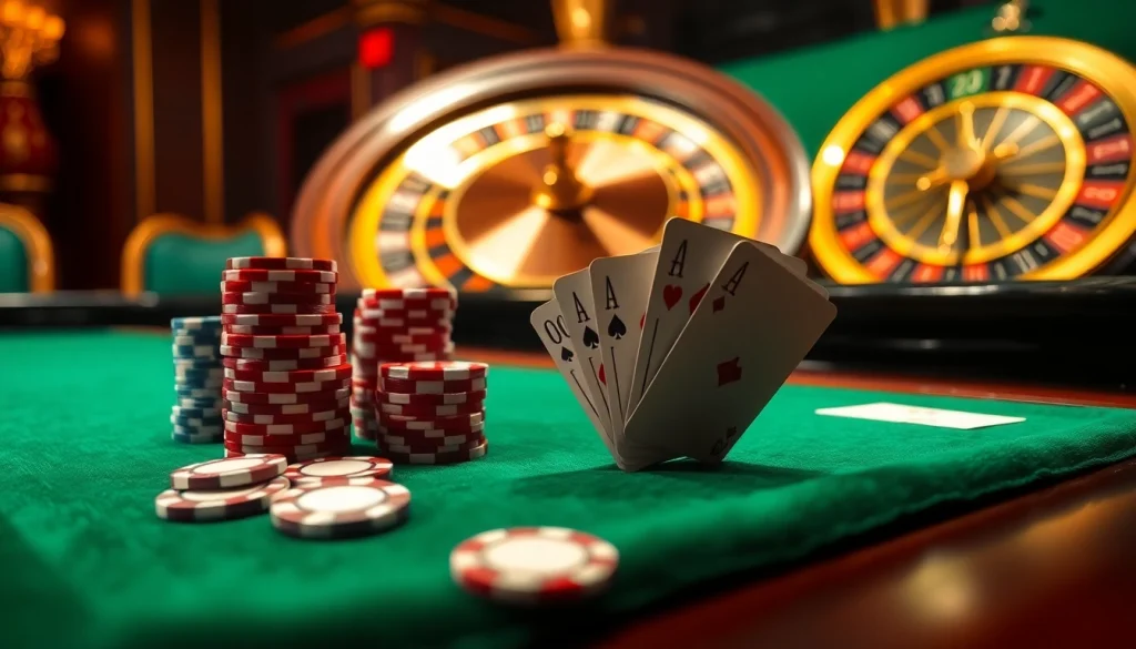 Experience high-stakes gaming at GO8's luxurious poker table filled with vibrant poker chips and cards.