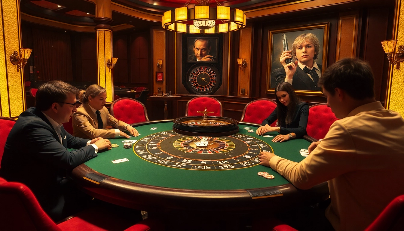 Play poker at a luxurious casino featuring elements of rebahin film, showcasing vibrant poker chips and a roulette wheel.