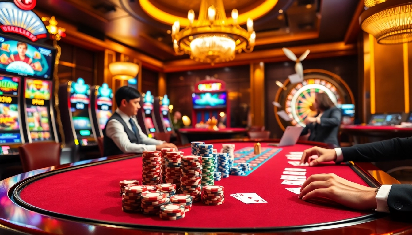 Engagez-vous dans des stratégies passionnantes sur un site de casino en ligne avec des tables de poker vibrantes et des jetons colorés.