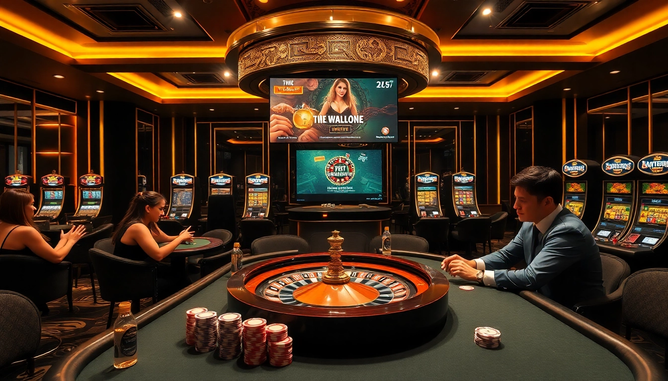 Joueurs profitant de jeux à enjeux élevés dans un site de casino en ligne haut de gamme avec une décoration luxueuse.