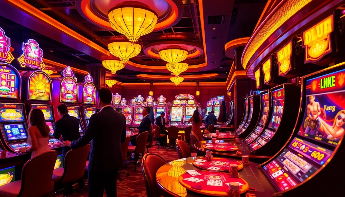 Experience the thrill of pg slot gaming with vibrant machines and excited players in a luxurious casino.