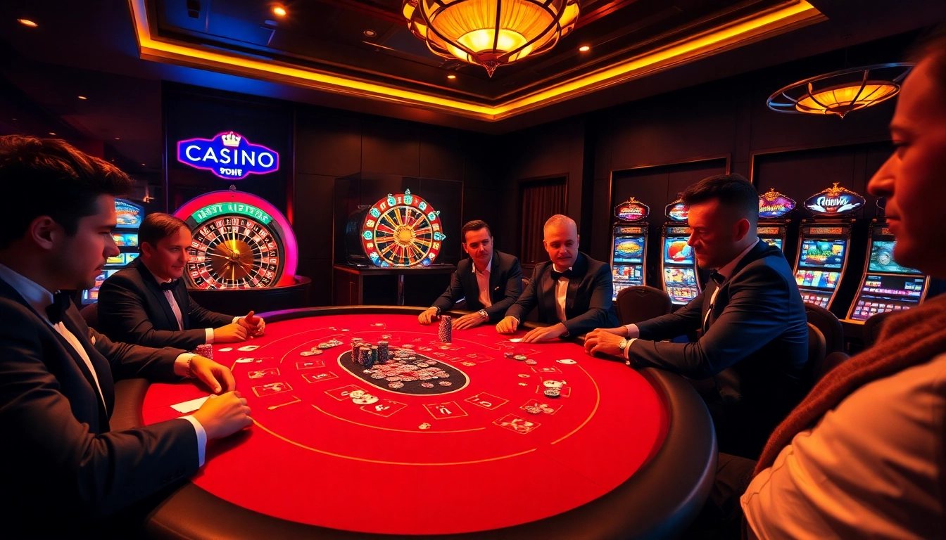 Découvrez le frisson des meilleurs casinos en ligne avec des joueurs à une table de poker, engagés dans une action à enjeux élevés.