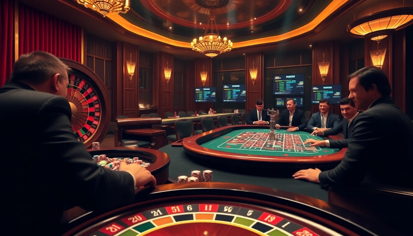 Environnement de casino exaltant mettant en avant des éléments de site de casino en ligne avec roulette, cartes et jetons.