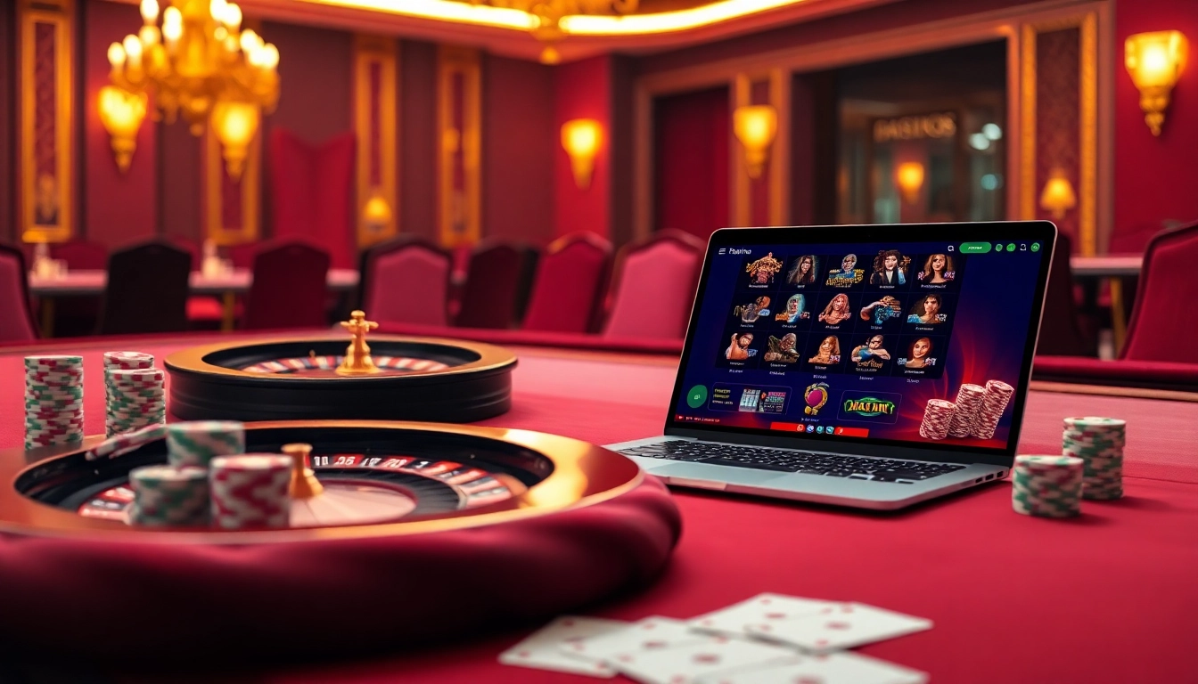 Découvrez l'excitation d'un site de casino en ligne avec des tables vibrantes, des jetons de poker et une interface de jeu en ligne.