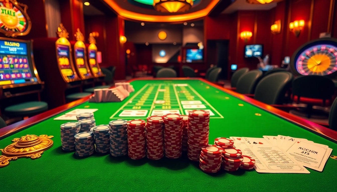 Vivez les sensations fortes d'un site de casino en ligne avec des tables de jeu vibrantes et des jetons de poker colorés.