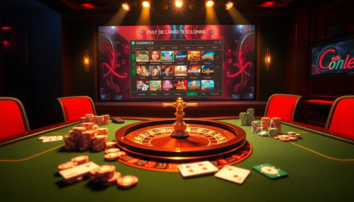 Ressentir des sensations fortes sur un site de casino en ligne avec des cartes vives, de la roulette et une interface numérique.