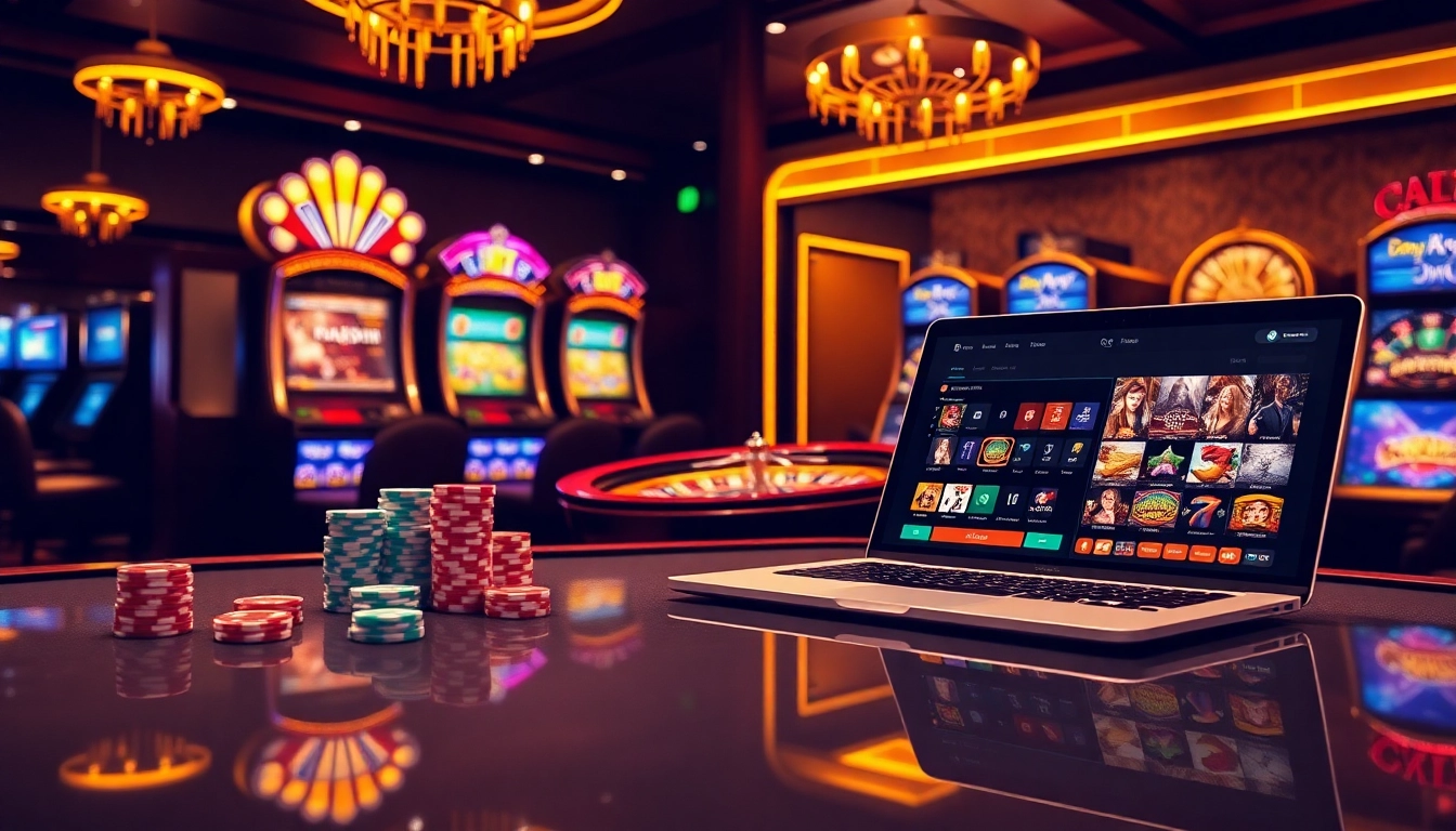 Le site de casino en ligne met en avant des jetons de poker vibrants, une roue de roulette et des machines à sous élégantes.