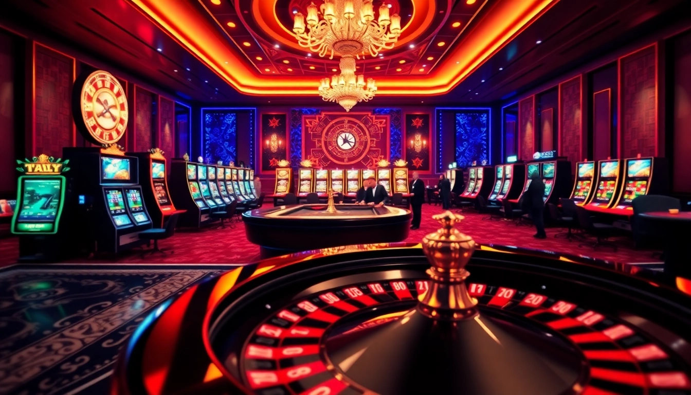 Une scène de casino en ligne vibrante présentant un site de casino en ligne excitant avec des tables de roulette et de poker.