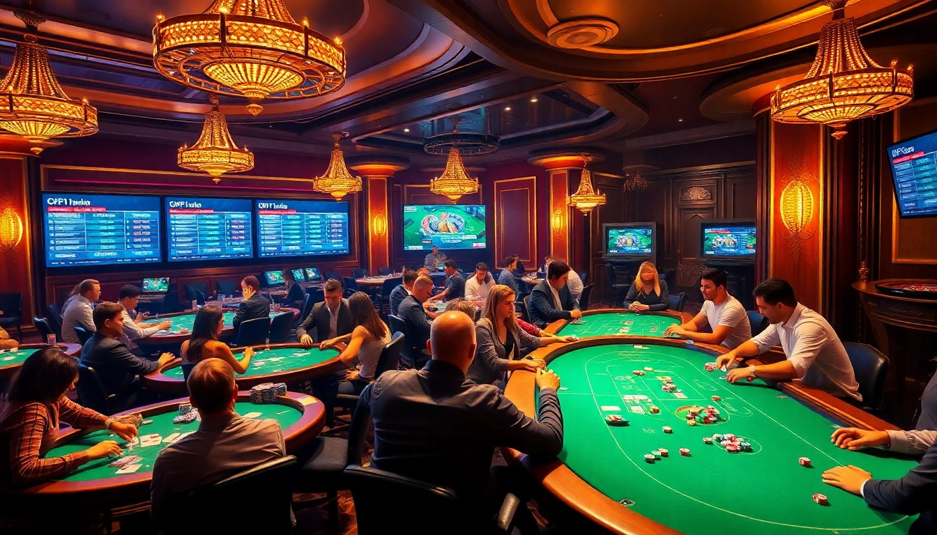 KPI4D players excitedly gather around poker tables in a luxurious casino atmosphere.