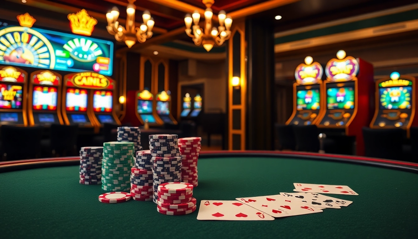 Une scène de casino en ligne époustouflante mettant en avant des jetons de poker, des tables et des machines à sous vibrantes sur un site de casino en ligne.