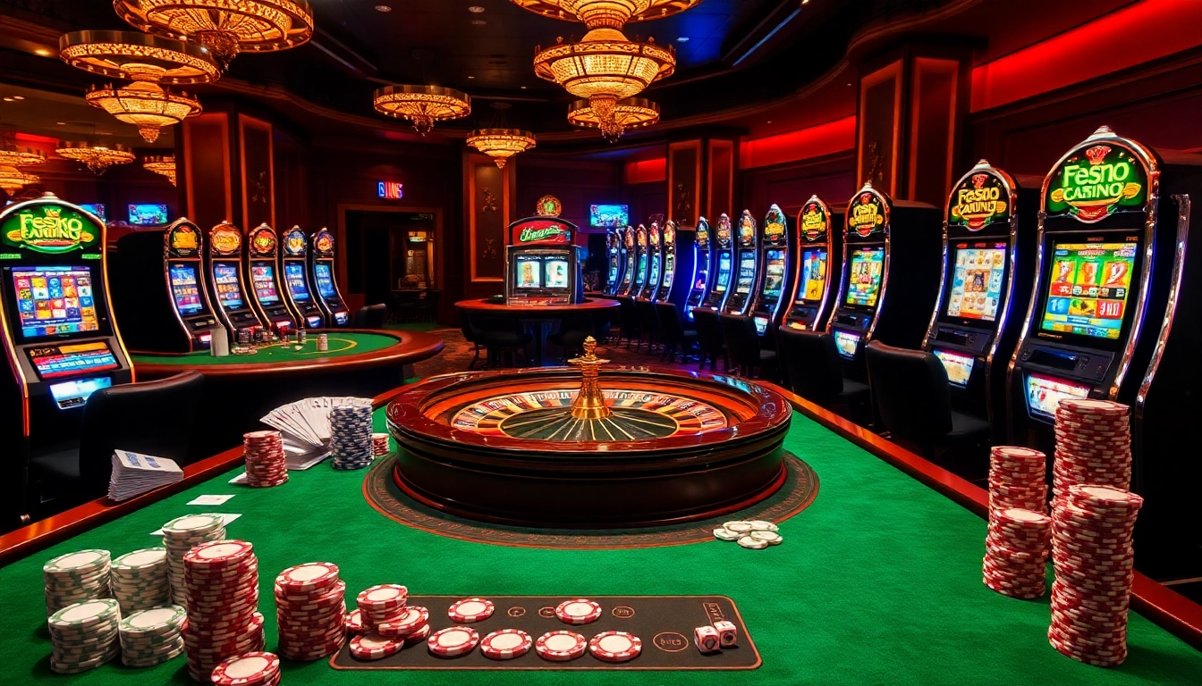 L'atmosphère palpitante d'un site de casino en ligne avec des tables de casino élégantes, des machines à sous vibrantes et des jetons de poker.