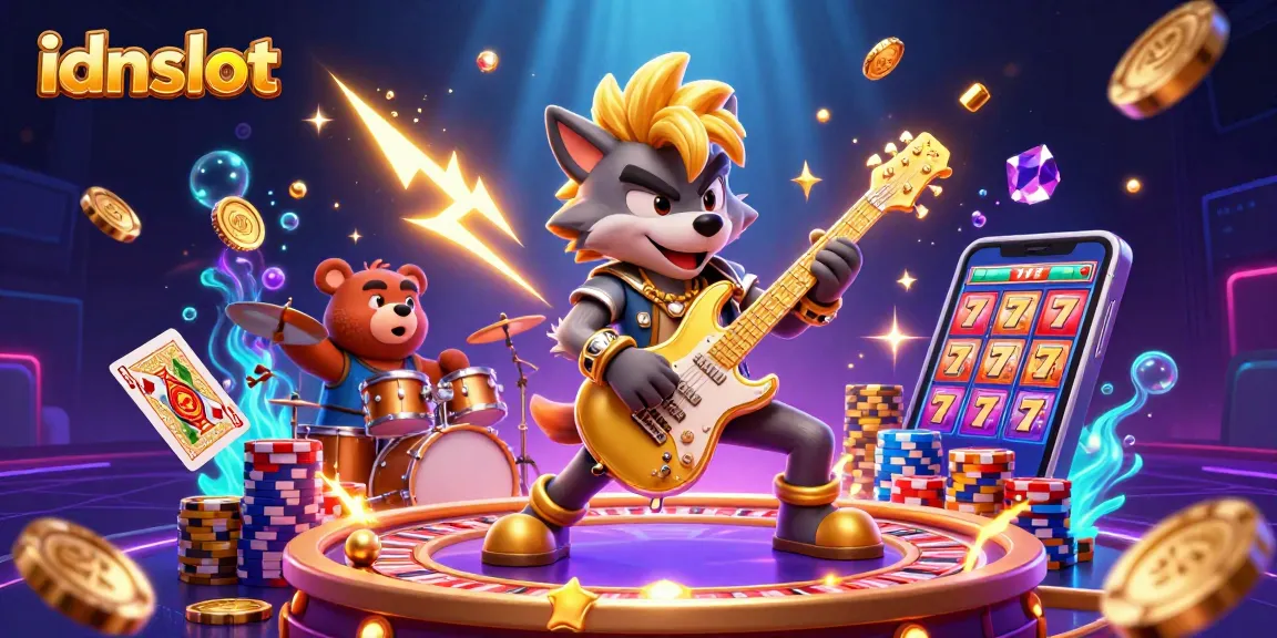 Experience the thrill of idnslot with a vibrant casino stage illustration featuring animated characters and dynamic game elements.