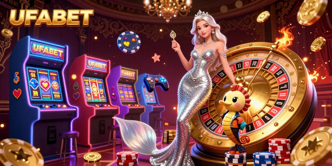 Experience thrilling UFABET games with an elegant mermaid beside a roulette wheel and dynamic casino elements.