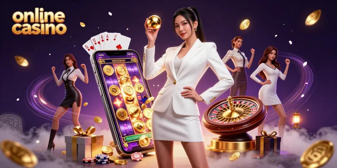 Engage in an online casino experience with vibrant gaming elements and a confident player.
