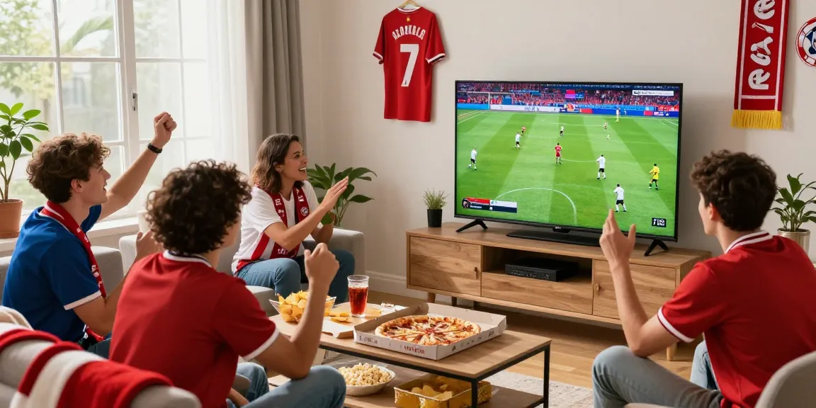 Group of friends enjoying koora live football match in a lively living room with snacks and team gear.