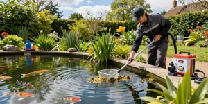 Professional Pond Cleaning Essex in a serene garden pond scene with a cleaner removing debris.