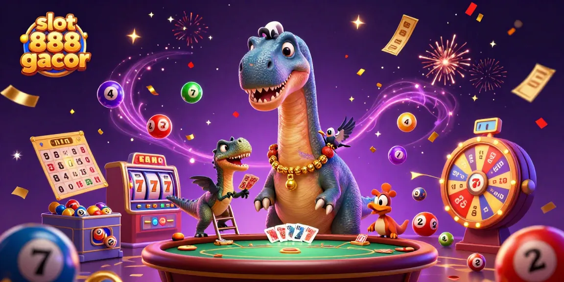 Spin the reels at slot 888 gacor while enjoying an exciting casino scene with dinosaurs and colorful elements.