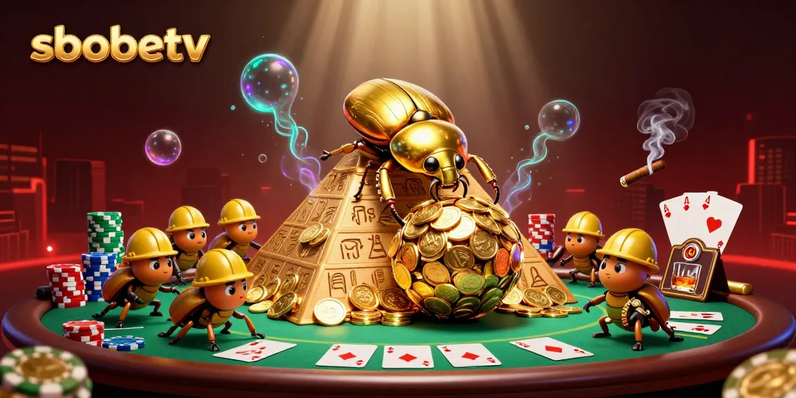 sbobetv visualizes a vibrant casino scene with cartoon beetles rolling coins in a dynamic 3D illustration.