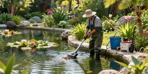 Professional Pond Cleaning Essex service with a pond cleaner maintaining a serene garden pond, surrounded by aquatic plants and cleaning tools.