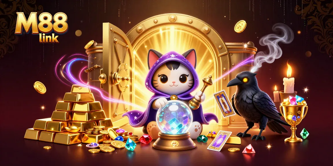 Experience the thrill of gambling with M88 link, featuring a mystical cat, a tarot raven, and dazzling riches.