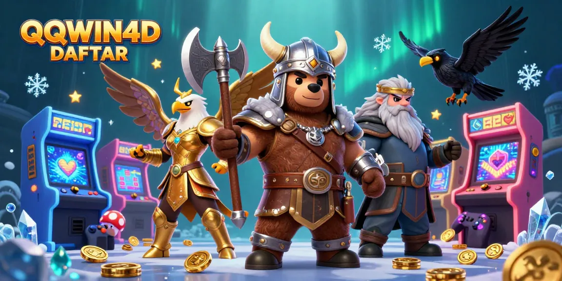 Menangkan taruhan Anda di QQWIN4D DAFTAR dengan ilustrasi kasino 3D menarik yang menggambarkan beruang Viking dan elang Valkyrie.