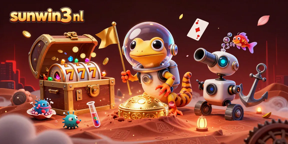 Win big at sunwin3 nl with a golden casino discovery scene featuring a Martian gecko and dynamic gameplay elements.