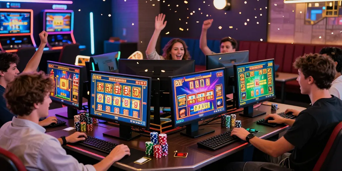 Engaged players at online casinos at https://bhma.org.uk celebrating a jackpot win with colorful screens and festive lights.