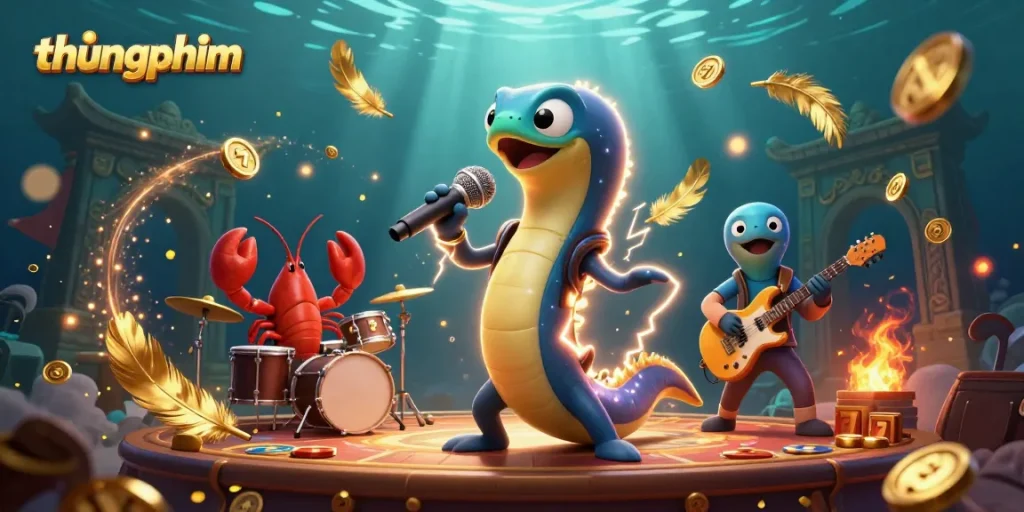 Immerse in the thrilling underwater casino with thungphim's electrifying eel DJ surrounded by vibrant game elements!