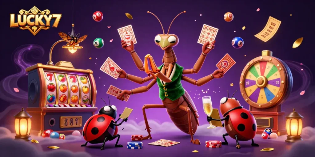LUCKY77 showcases vibrant casino excitement with a giant praying mantis and ladybug characters.