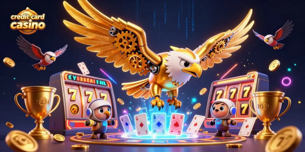 Experience the thrill of online gaming at a credit card casino with dynamic cartoon characters and vibrant casino elements.