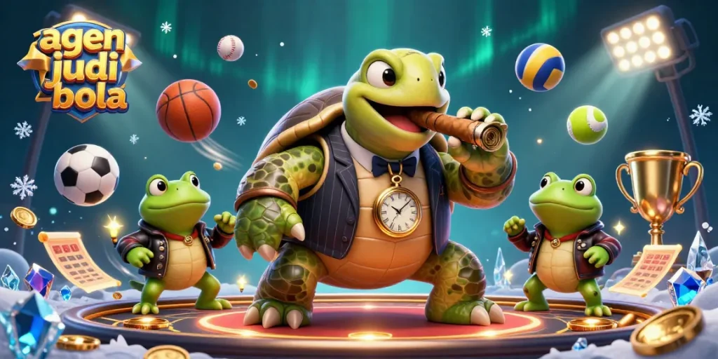 Engage with agen judi bola as a turtle mobster leads a dynamic sports betting scene filled with excitement.