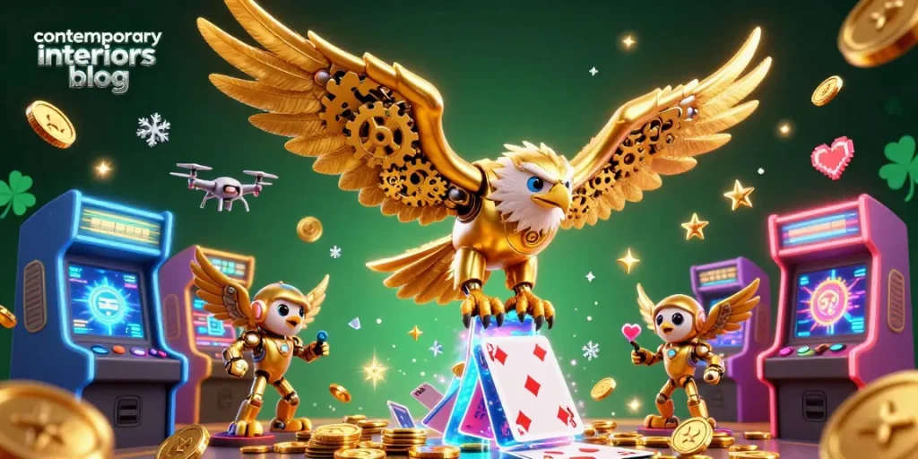 Engage with the contemporary interiors blog through a vibrant 3D casino scene featuring a dynamic golden eagle and arcade machines.