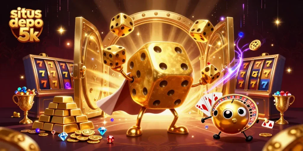 Engage with the thrilling experience of situs depo 5k showcasing golden dice golem and casino elements.