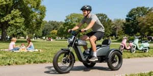 Experience the best electric tricycles with Scout, showcasing an adult riding an electric trike in a sunny park.