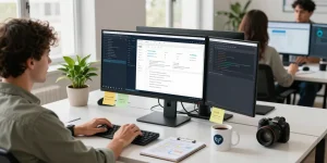 Focused developer working on Custom CRM Development Services in modern office