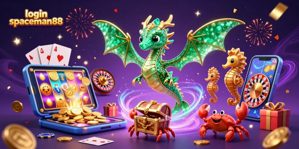 Spin to win big with login spaceman88's vibrant 3D casino illustration featuring a sea dragon